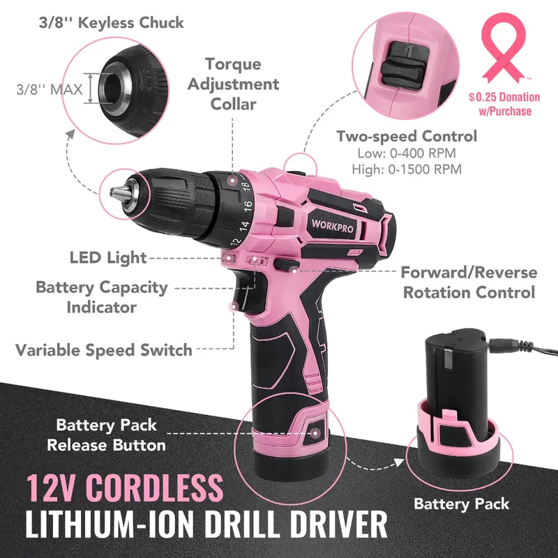 WORKPRO 108-teiliges tragbares Werkzeugset mit Akkubohrschrauber – Pink Ribbon