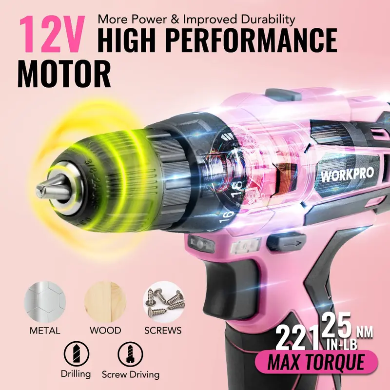 WORKPRO 108-teiliges tragbares Werkzeugset mit Akkubohrschrauber – Pink Ribbon