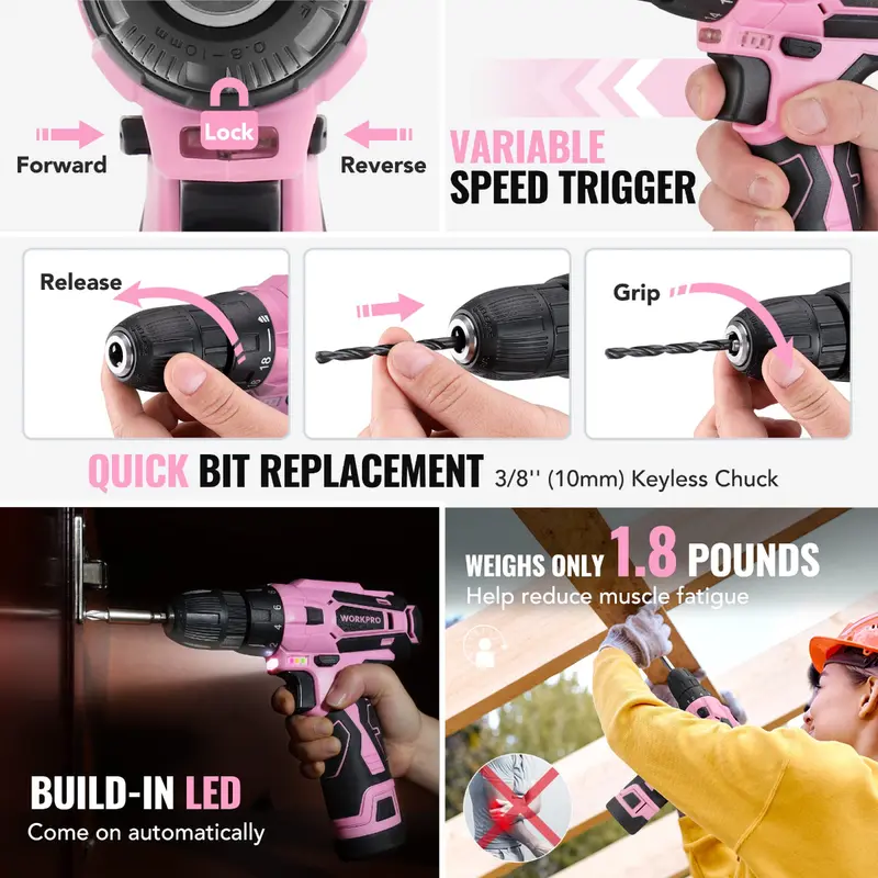 WORKPRO 108-teiliges tragbares Werkzeugset mit Akkubohrschrauber – Pink Ribbon