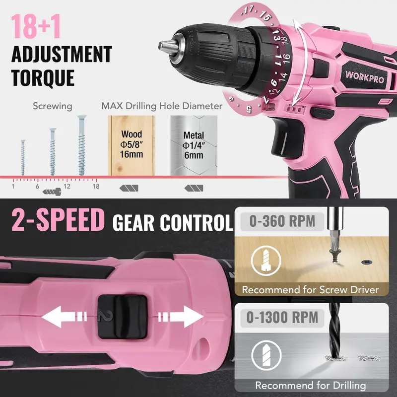 WORKPRO 108-teiliges tragbares Werkzeugset mit Akkubohrschrauber – Pink Ribbon