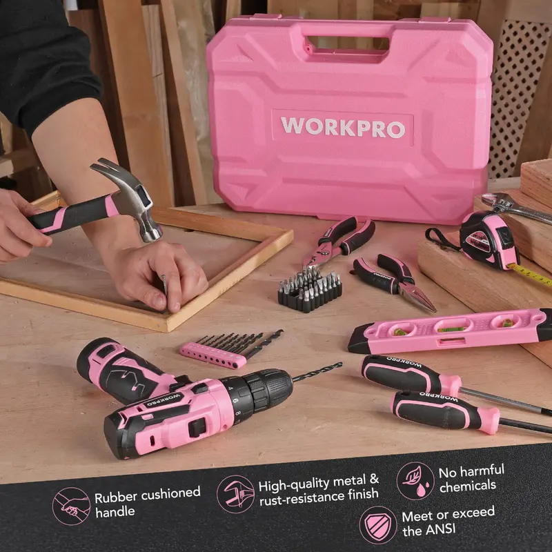 WORKPRO 108-teiliges tragbares Werkzeugset mit Akkubohrschrauber – Pink Ribbon