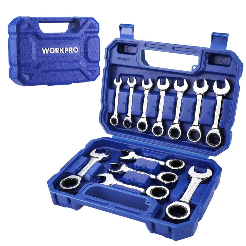 WORKPRO 12-teiliges Stubby-Ratschen-Schraubenschlüssel-Set, metrisch 8–19 mm, 72-Zahn-Ratsche, aus Chrom-Vanadium-Stahl