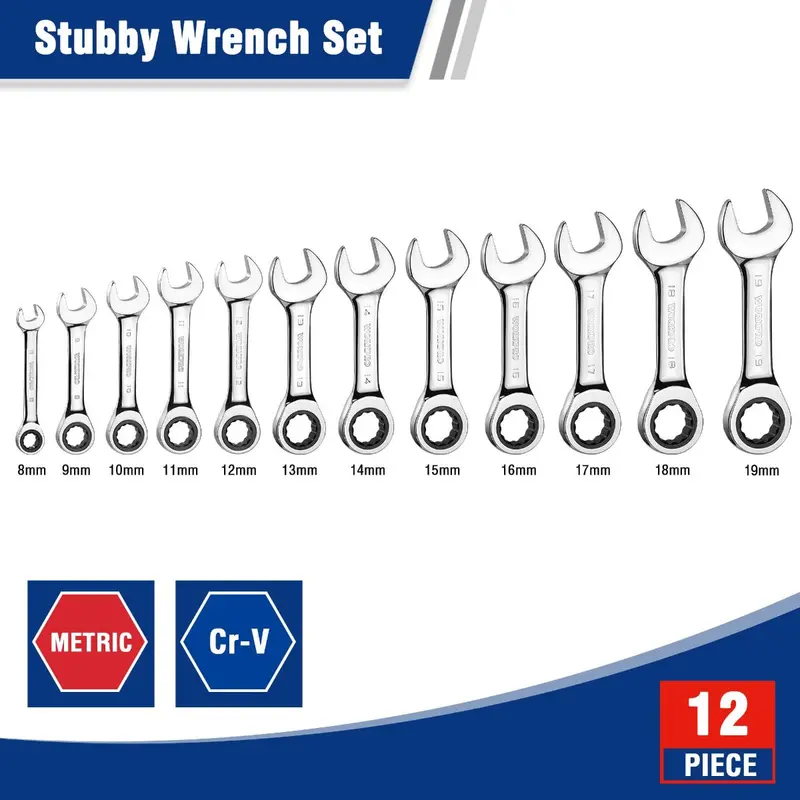 WORKPRO 12-teiliges Stubby-Ratschen-Schraubenschlüssel-Set, metrisch 8–19 mm, 72-Zahn-Ratsche, aus Chrom-Vanadium-Stahl 2