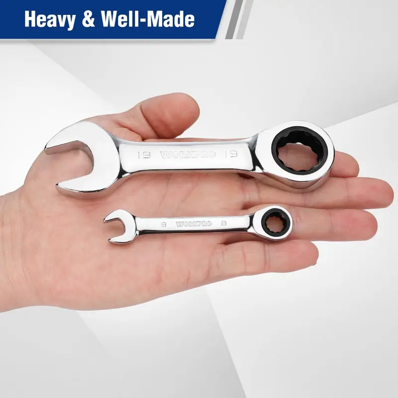 WORKPRO 12-teiliges Stubby-Ratschen-Schraubenschlüssel-Set, metrisch 8–19 mm, 72-Zahn-Ratsche, aus Chrom-Vanadium-Stahl