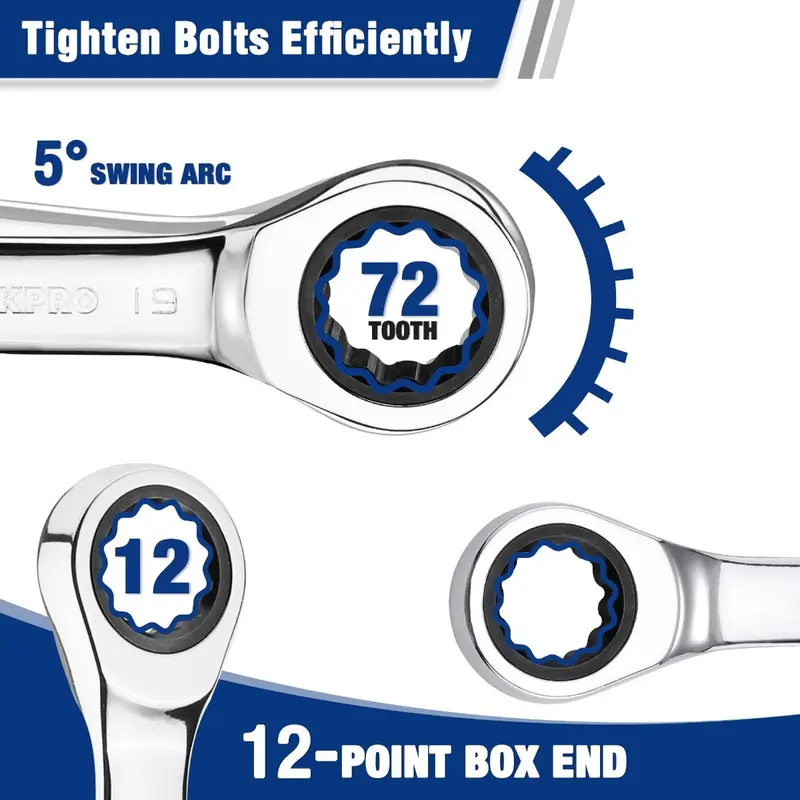 WORKPRO 12-teiliges Stubby-Ratschen-Schraubenschlüssel-Set, metrisch 8–19 mm, 72-Zahn-Ratsche, aus Chrom-Vanadium-Stahl