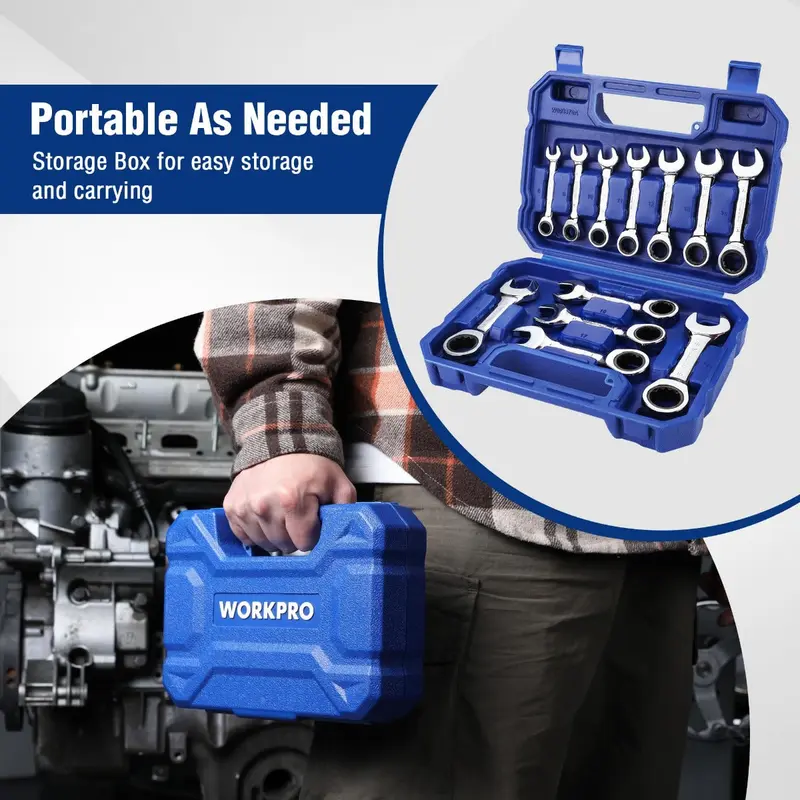 WORKPRO 12-teiliges Stubby-Ratschen-Schraubenschlüssel-Set, metrisch 8–19 mm, 72-Zahn-Ratsche, aus Chrom-Vanadium-Stahl