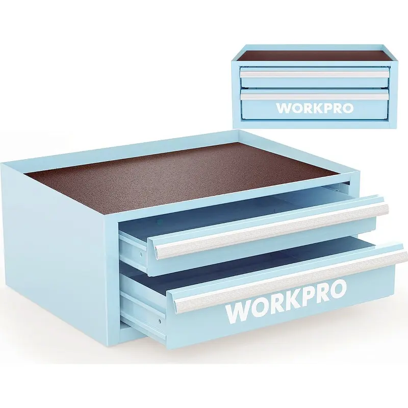 WORKPRO 12,5" Mini-Werkzeugkasten mit 2 Schubladen und 1 offener Aufbewahrungsebene, kleiner metallischer Werkzeugkasten mit PVC-Einlagen und PP-Fußpolstern, kaltgewalzter Stahl-Werkzeugkasten mit Schubladeneinlagen und Magnethalterungen, Macaron-Blau