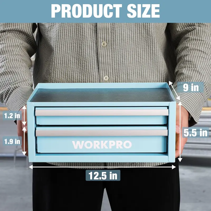 WORKPRO 12,5" Mini-Werkzeugkasten mit 2 Schubladen und 1 offener Aufbewahrungsebene, kleiner metallischer Werkzeugkasten mit PVC-Einlagen und PP-Fußpolstern, kaltgewalzter Stahl-Werkzeugkasten mit Schubladeneinlagen und Magnethalterungen, Macaron-Blau 2