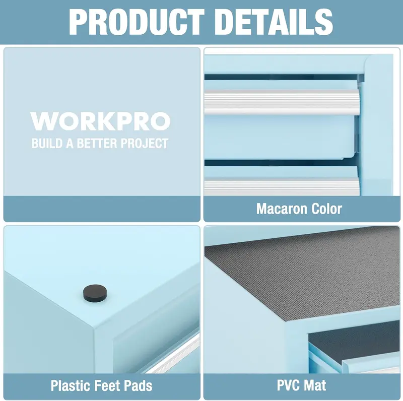 WORKPRO 12,5" Mini-Werkzeugkasten mit 2 Schubladen und 1 offener Aufbewahrungsebene, kleiner metallischer Werkzeugkasten mit PVC-Einlagen und PP-Fußpolstern, kaltgewalzter Stahl-Werkzeugkasten mit Schubladeneinlagen und Magnethalterungen, Macaron-Blau