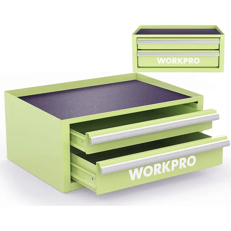 WORKPRO 12,5" Mini-Werkzeugkasten mit 2 Schubladen und 1 offener Aufbewahrungsfläche, kleiner metallischer Werkzeugkasten mit PVC-Einlagen und PP-Fußpolstern, kaltgewalzter Stahl-Werkzeugkasten mit Schubladeneinlagen und Magnethalterungen, Macaron-Grün