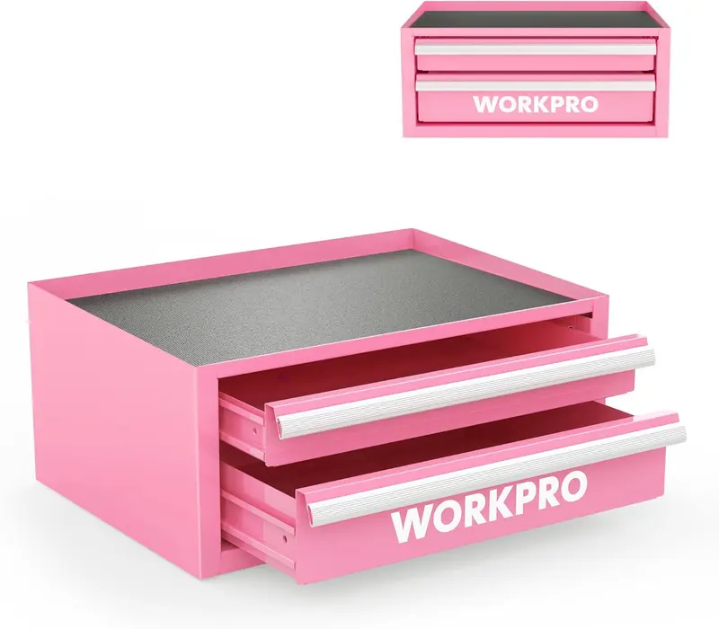WORKPRO 12,5" Mini-Werkzeugkasten mit 2 Schubladen und 1 offener Aufbewahrungsfläche, kleiner metallischer Werkzeugkasten mit PVC-Einlagen und PP-Fußpolstern, kaltgewalzter Stahl-Werkzeugkasten mit Schubladeneinlagen und magnetischen Verschlüssen, Rosa – Pink Ribbon