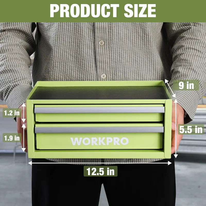 WORKPRO 12,5" Mini-Werkzeugkasten mit 2 Schubladen und 1 offener Aufbewahrungsfläche, kleiner metallischer Werkzeugkasten mit PVC-Einlagen und PP-Fußpolstern, kaltgewalzter Stahl-Werkzeugkasten mit Schubladeneinlagen und Magnethalterungen, Macaron-Grün 2
