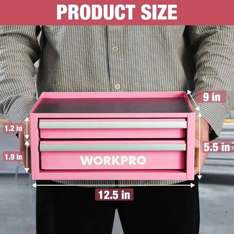WORKPRO 12,5" Mini-Werkzeugkasten mit 2 Schubladen und 1 offener Aufbewahrungsfläche, kleiner metallischer Werkzeugkasten mit PVC-Einlagen und PP-Fußpolstern, kaltgewalzter Stahl-Werkzeugkasten mit Schubladeneinlagen und magnetischen Verschlüssen, Rosa – Pink Ribbon 2