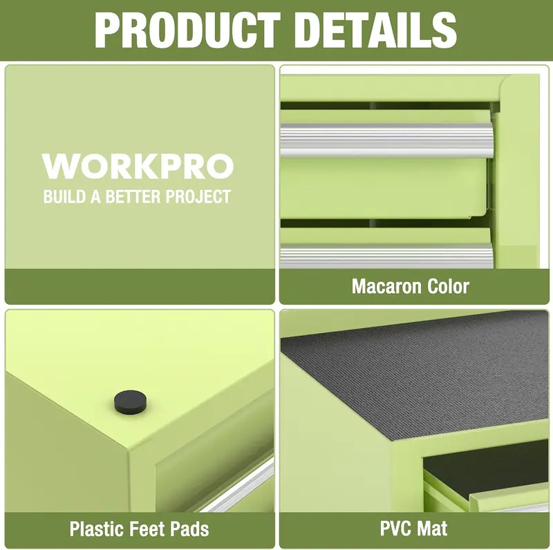 WORKPRO 12,5" Mini-Werkzeugkasten mit 2 Schubladen und 1 offener Aufbewahrungsfläche, kleiner metallischer Werkzeugkasten mit PVC-Einlagen und PP-Fußpolstern, kaltgewalzter Stahl-Werkzeugkasten mit Schubladeneinlagen und Magnethalterungen, Macaron-Grün