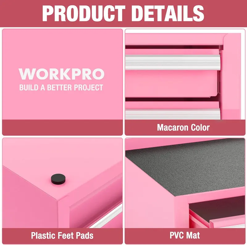 WORKPRO 12,5" Mini-Werkzeugkasten mit 2 Schubladen und 1 offener Aufbewahrungsfläche, kleiner metallischer Werkzeugkasten mit PVC-Einlagen und PP-Fußpolstern, kaltgewalzter Stahl-Werkzeugkasten mit Schubladeneinlagen und magnetischen Verschlüssen, Rosa – Pink Ribbon