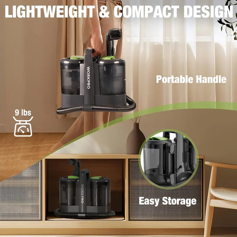 WORKPRO 13 kPa tragbarer Fleckenreiniger für Teppiche und Polstermöbel mit 1,6-Liter-Wassertank und vielseitigem Zubehör