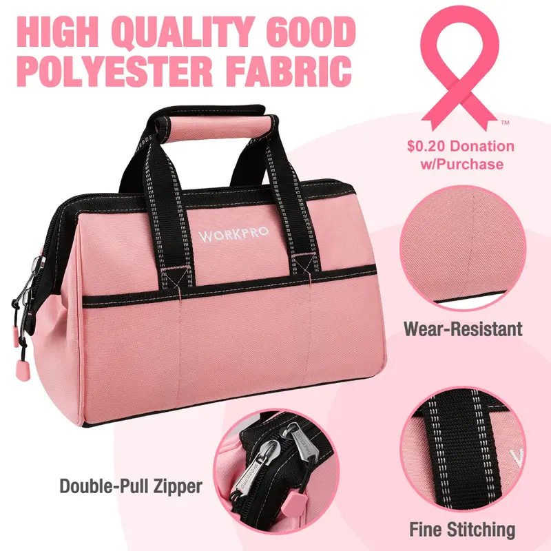 WORKPRO 13-Zoll-Werkzeugtasche, rosa weiche Stoff-Werkzeugaufbewahrungstasche – Rosa Band 2