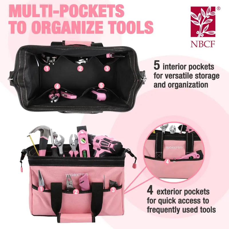 WORKPRO 13-Zoll-Werkzeugtasche, rosa weiche Stoff-Werkzeugaufbewahrungstasche – Rosa Band