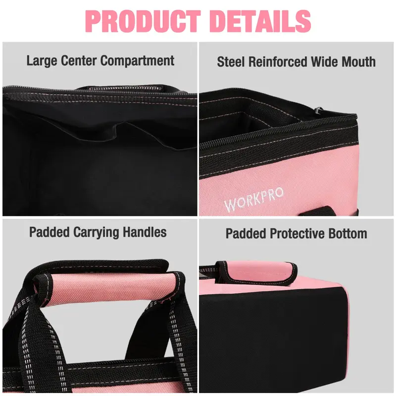 WORKPRO 13-Zoll-Werkzeugtasche, rosa weiche Stoff-Werkzeugaufbewahrungstasche – Rosa Band