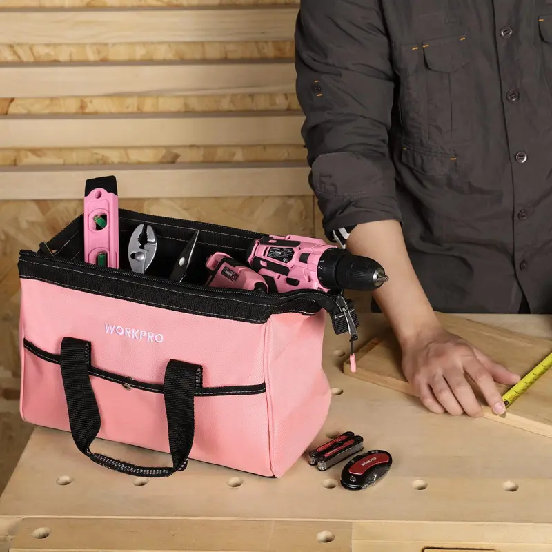 WORKPRO 13-Zoll-Werkzeugtasche, rosa weiche Stoff-Werkzeugaufbewahrungstasche – Rosa Band