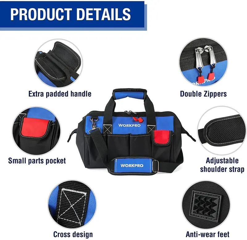 WORKPRO 14-inch Tool Bag, Multi-pocket Tool Organizer with Adjustable Shoulder Strap