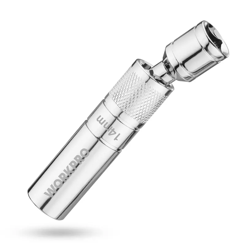 WORKPRO 14-mm-Magnet-Drehbuchse für Zündkerzen mit dünnwandigem Einsatz, 3/8"-Antrieb, Gesamtlänge 10 cm
