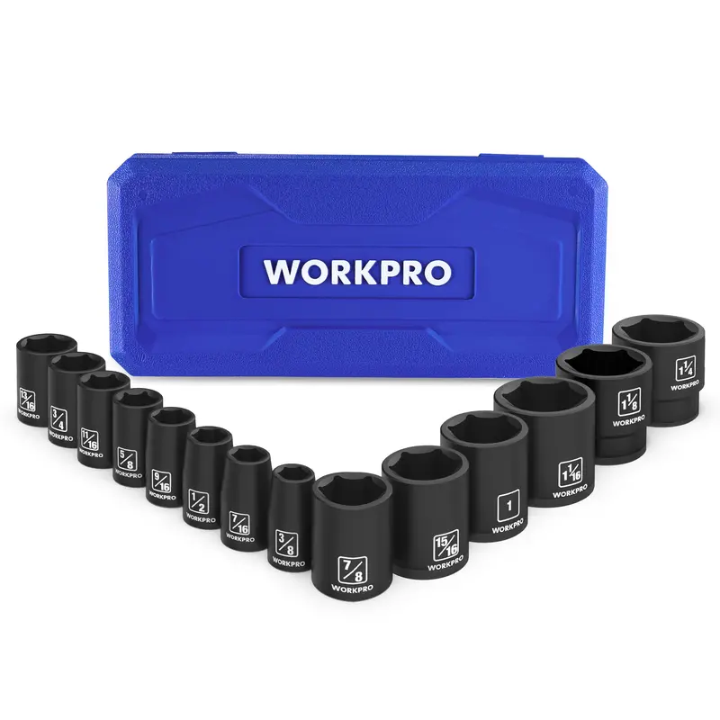 WORKPRO 14-teiliges 1/2"-Anschlagbuchsen-Set mit flachen Buchsen, SAE-Stahl aus Chrom-Vanadium mit 6-Kanten-Buchsen und Aufbewahrungsbox für Kfz-Reparaturen