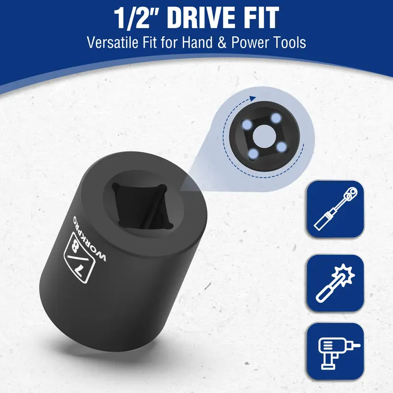 WORKPRO 14-teiliges 1/2"-Anschlagbuchsen-Set mit flachen Buchsen, SAE-Stahl aus Chrom-Vanadium mit 6-Kanten-Buchsen und Aufbewahrungsbox für Kfz-Reparaturen