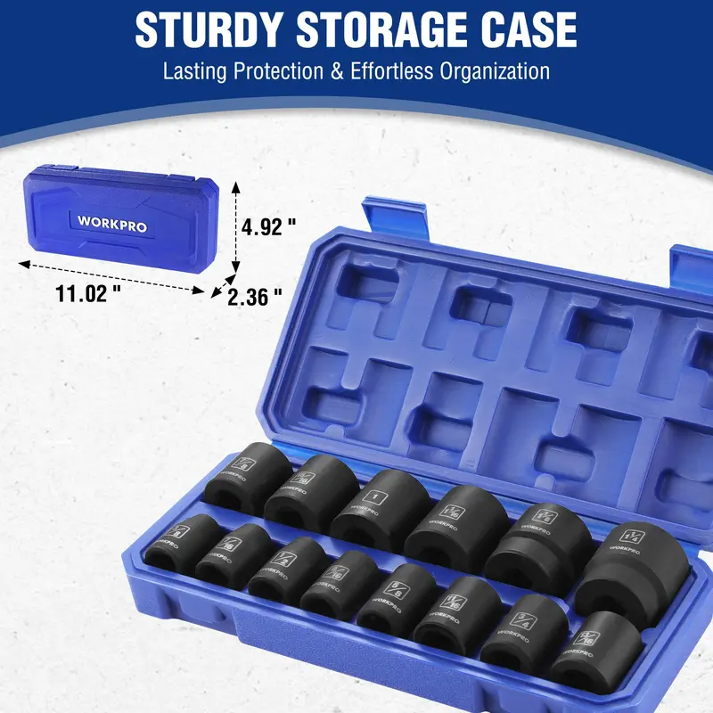 WORKPRO 14-teiliges 1/2"-Anschlagbuchsen-Set mit flachen Buchsen, SAE-Stahl aus Chrom-Vanadium mit 6-Kanten-Buchsen und Aufbewahrungsbox für Kfz-Reparaturen