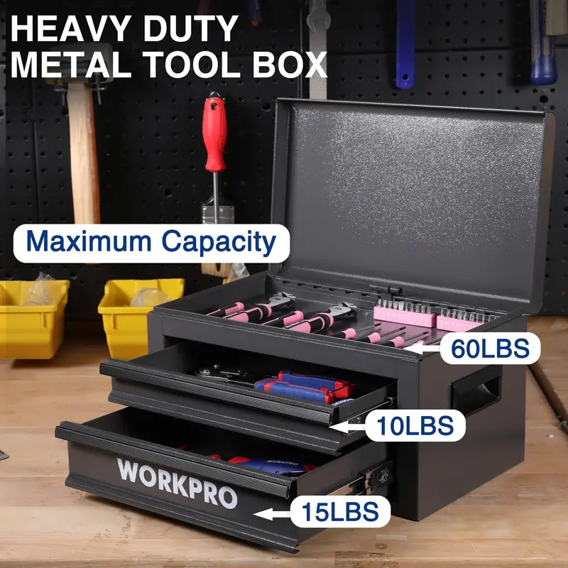 WORKPRO 15-Zoll-Schwerlast-Metall-Toolbox mit 2 Schubladen und 1 oberem Fach