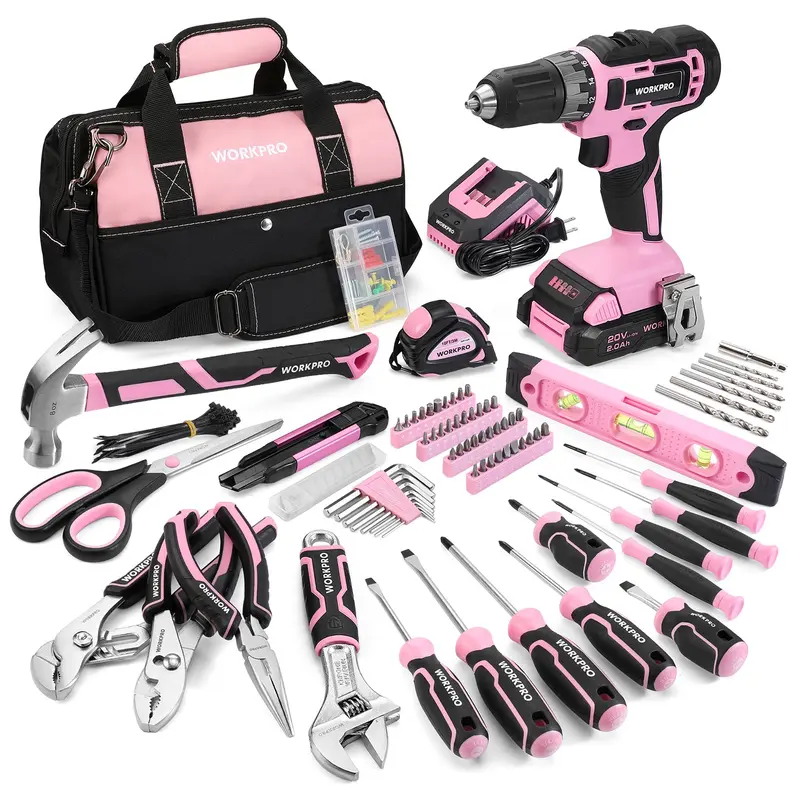 WORKPRO 157-teiliges Haushalts-Werkzeugset mit 20-V-Akku-Bohrschrauber – Pink Ribbon