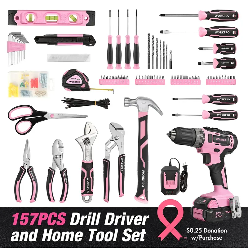 WORKPRO 157-teiliges Haushalts-Werkzeugset mit 20-V-Akku-Bohrschrauber – Pink Ribbon 2