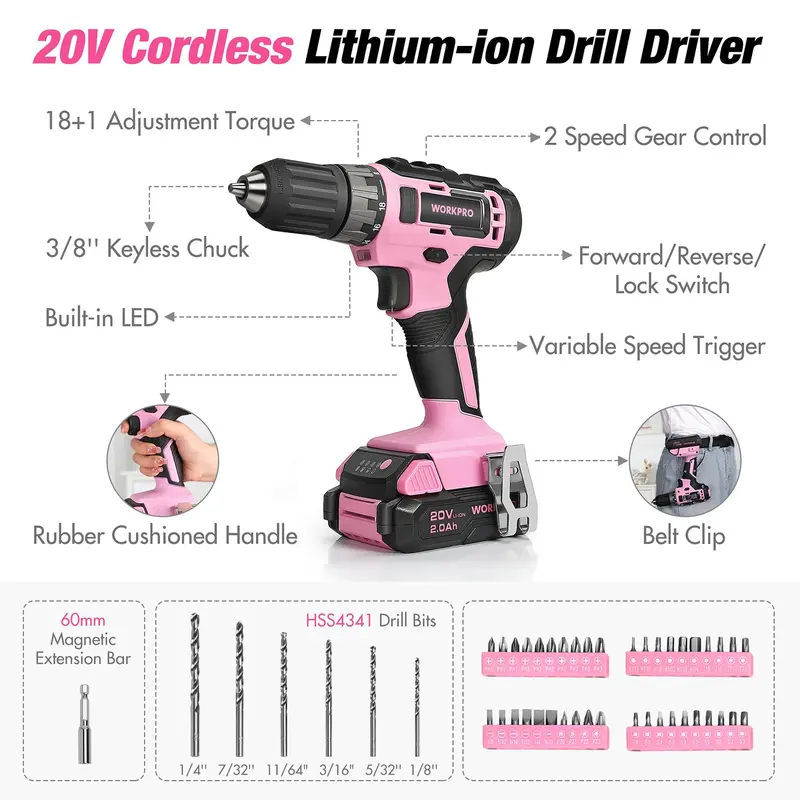 WORKPRO 157-teiliges Haushalts-Werkzeugset mit 20-V-Akku-Bohrschrauber – Pink Ribbon