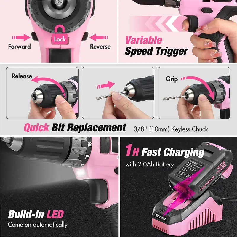 WORKPRO 157-teiliges Haushalts-Werkzeugset mit 20-V-Akku-Bohrschrauber – Pink Ribbon
