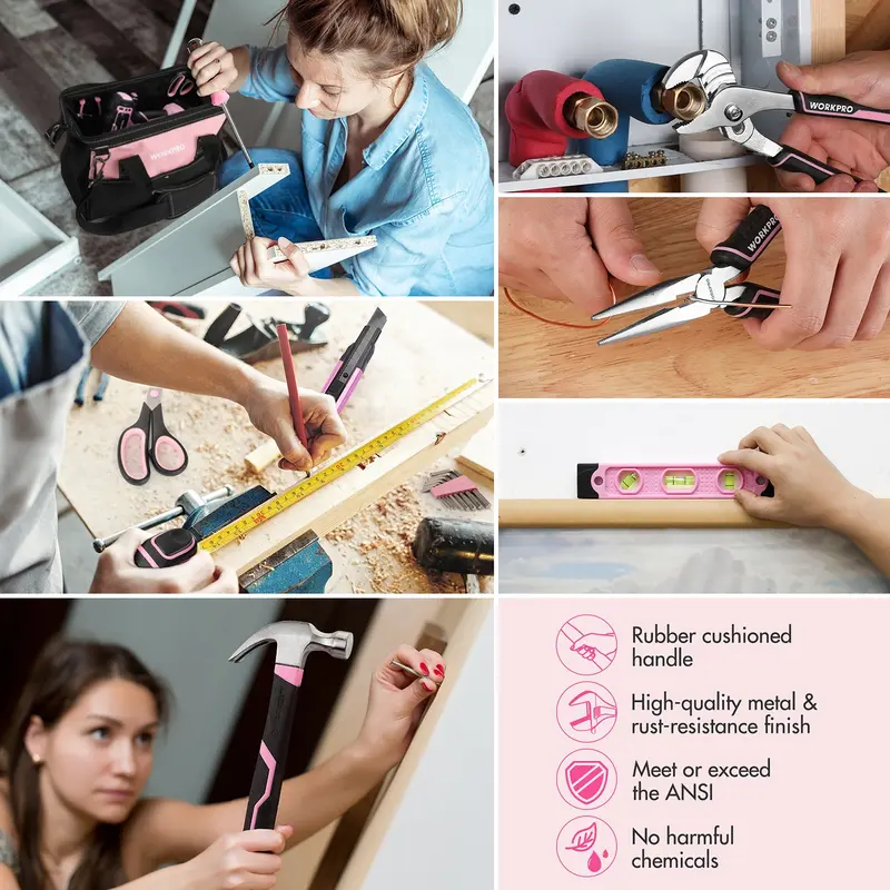 WORKPRO 157-teiliges Haushalts-Werkzeugset mit 20-V-Akku-Bohrschrauber – Pink Ribbon