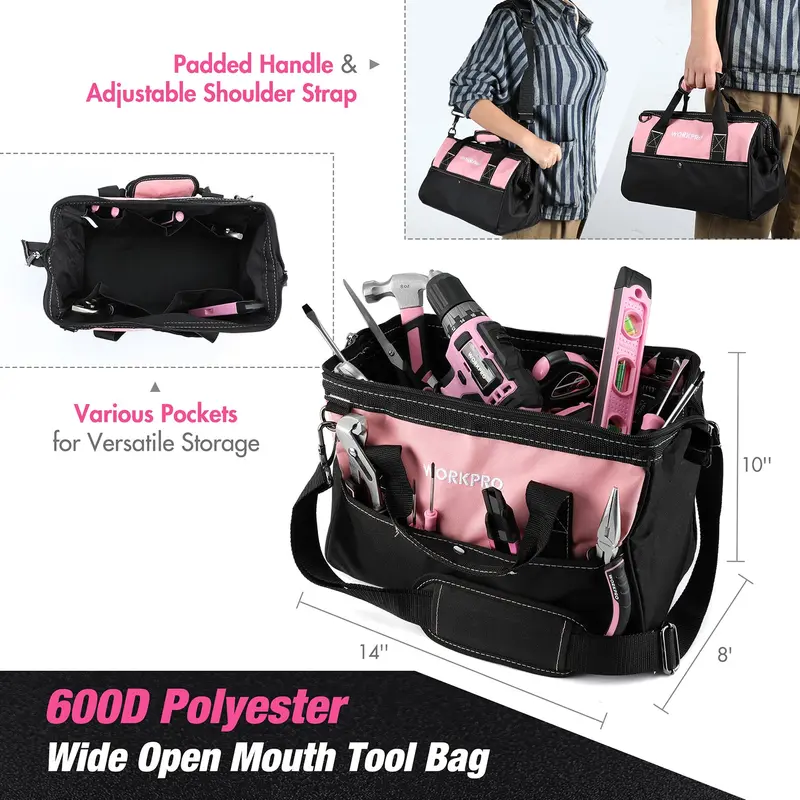 WORKPRO 157-teiliges Haushalts-Werkzeugset mit 20-V-Akku-Bohrschrauber – Pink Ribbon