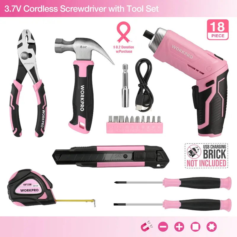 WORKPRO 18-teiliges Allzweck-Heimwerkzeugset – Pink Ribbon 2