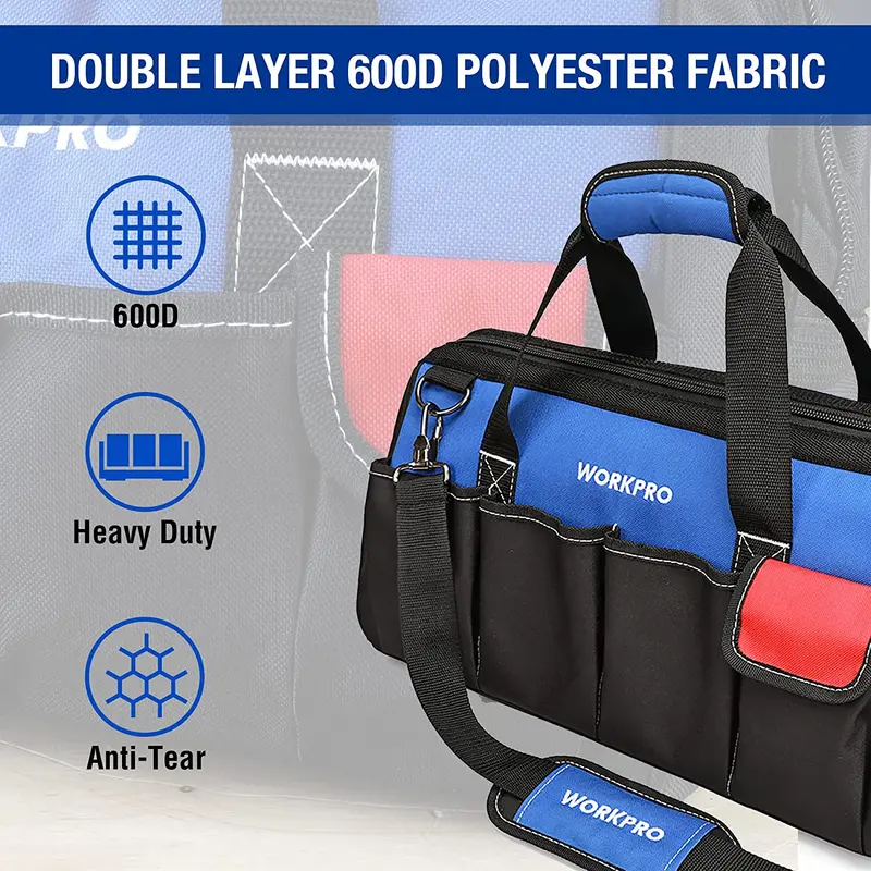 WORKPRO 18-Zoll-Toolbag mit geschlossenem Oberteil und breitem Eingang sowie verstellbarem Schultergurt