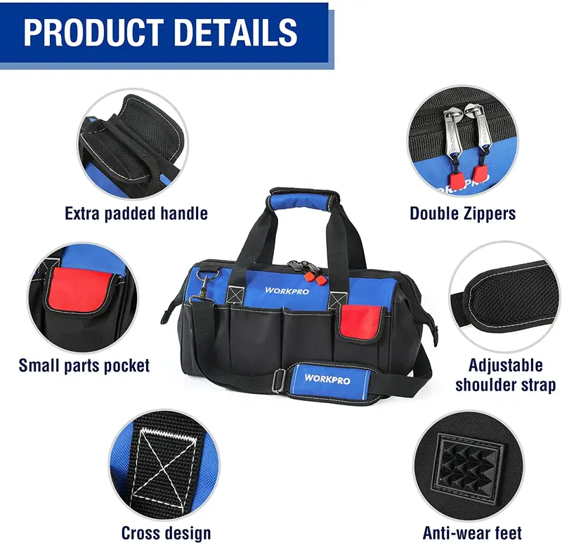 WORKPRO 18-Zoll-Toolbag mit geschlossenem Oberteil und breitem Eingang sowie verstellbarem Schultergurt