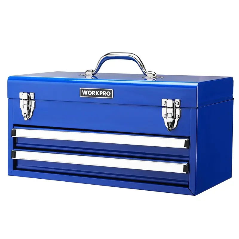 WORKPRO 18-Zoll tragbare Metall-Toolbox mit 2 Schubladen und 1 oberem Fach, Metallschloss und Innenbeschichtung, Tragfähigkeit bis zu 100 lbs (gesamt)