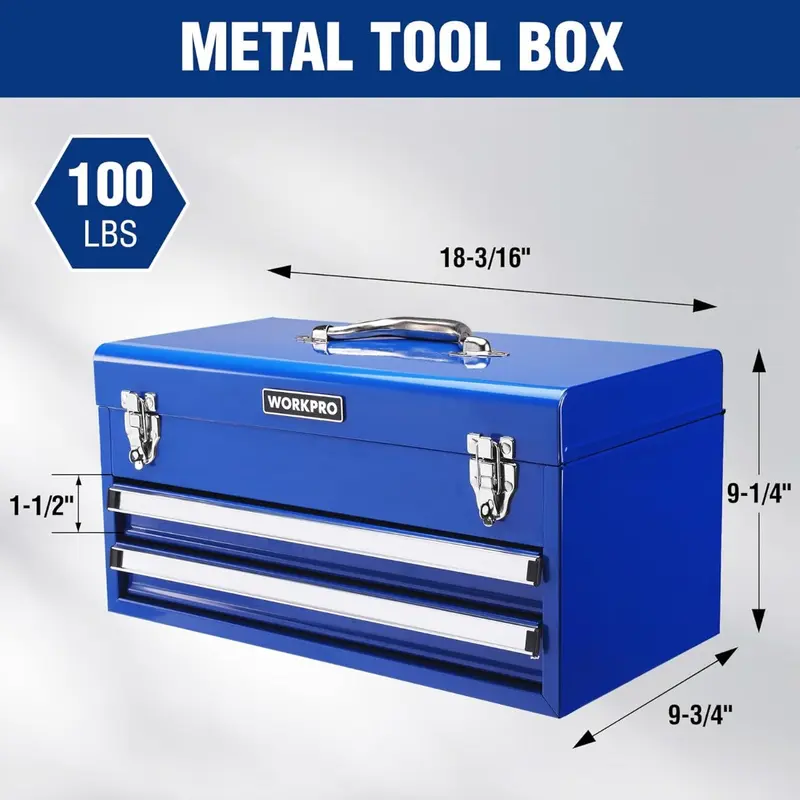 WORKPRO 18-Zoll tragbare Metall-Toolbox mit 2 Schubladen und 1 oberem Fach, Metallschloss und Innenbeschichtung, Tragfähigkeit bis zu 100 lbs (gesamt) 2
