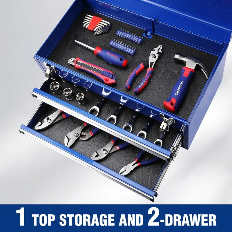 WORKPRO 18-Zoll tragbare Metall-Toolbox mit 2 Schubladen und 1 oberem Fach, Metallschloss und Innenbeschichtung, Tragfähigkeit bis zu 100 lbs (gesamt)