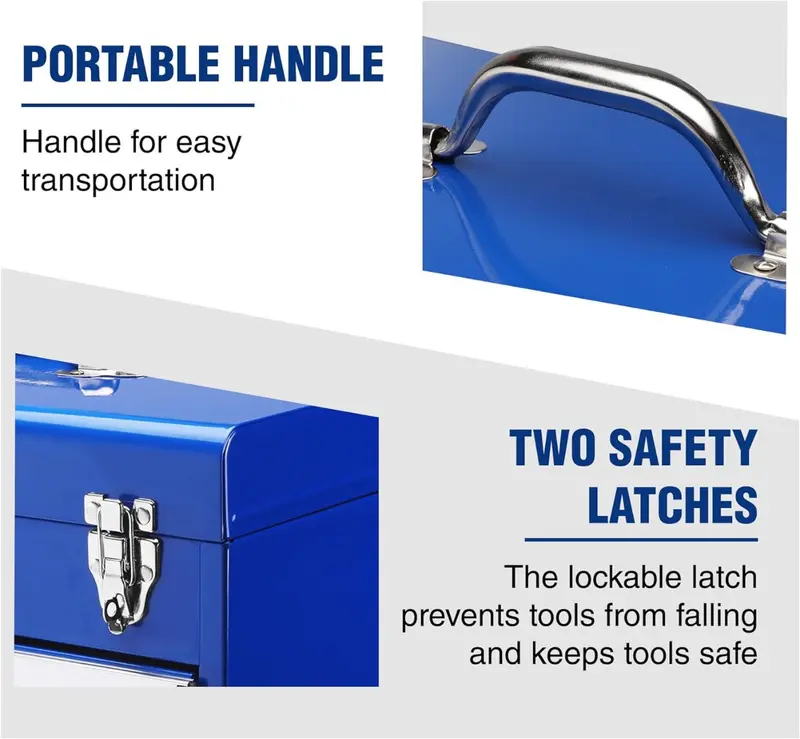 WORKPRO 18-Zoll tragbare Metall-Toolbox mit 2 Schubladen und 1 oberem Fach, Metallschloss und Innenbeschichtung, Tragfähigkeit bis zu 100 lbs (gesamt)