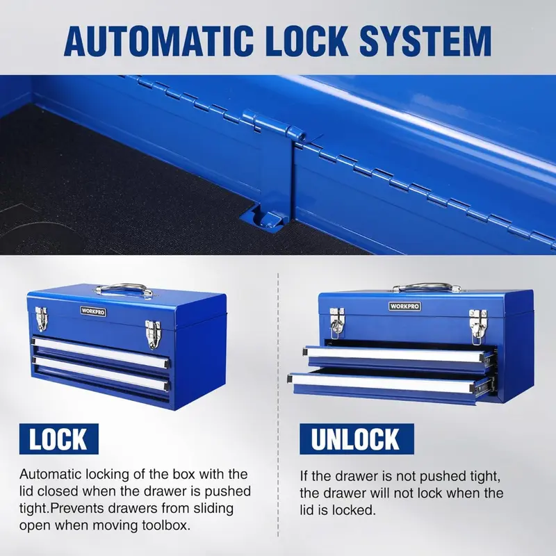 WORKPRO 18-Zoll tragbare Metall-Toolbox mit 2 Schubladen und 1 oberem Fach, Metallschloss und Innenbeschichtung, Tragfähigkeit bis zu 100 lbs (gesamt)