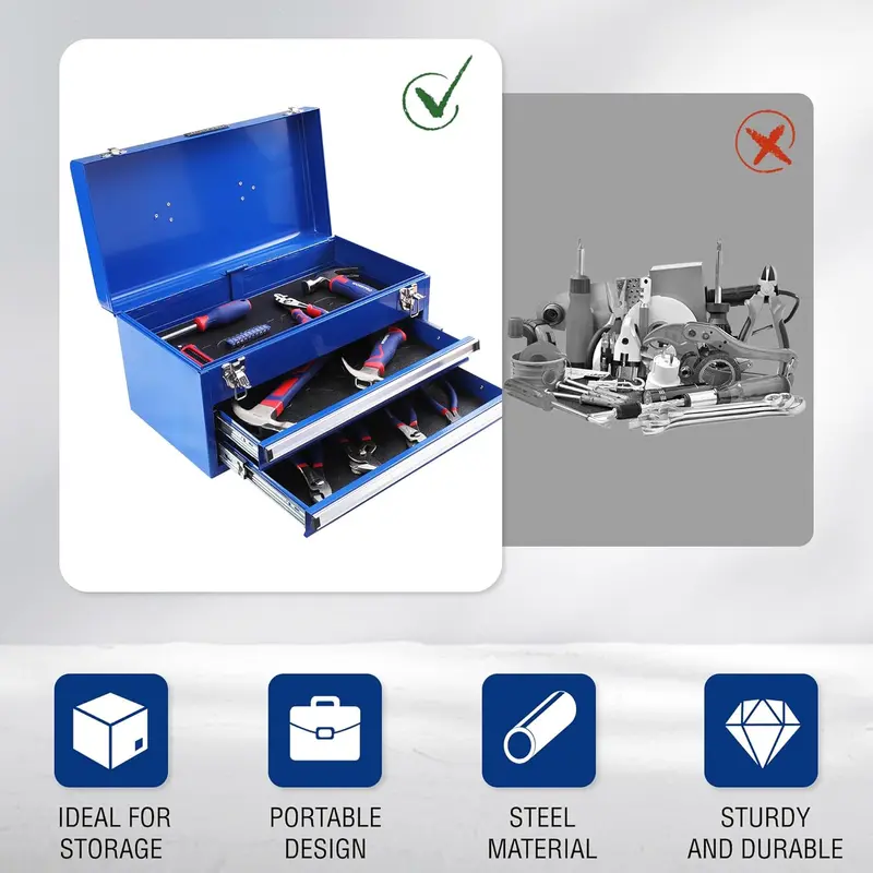 WORKPRO 18-Zoll tragbare Metall-Toolbox mit 2 Schubladen und 1 oberem Fach, Metallschloss und Innenbeschichtung, Tragfähigkeit bis zu 100 lbs (gesamt)