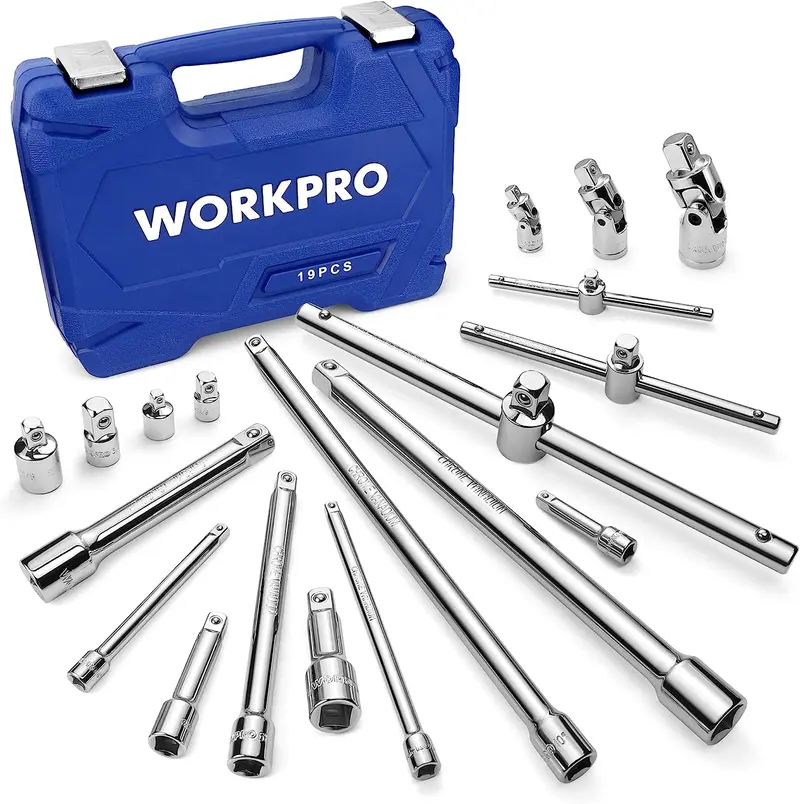 WORKPRO 19-teiliges Steckschlüssel-Verlängerungs-Set, inkl. Steckverbindern, Verlängerungsstangen, Universalgelenken und verschiebbarer T-Griff-Schraubenschlüssel-Stange, 1/4"-, 3/8"- und 1/2"-Antrieb, aus hochwertigem Chrom-Vanadium-Stahl
