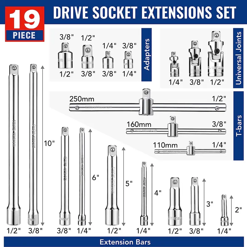 WORKPRO 19-teiliges Steckschlüssel-Verlängerungs-Set, inkl. Steckverbindern, Verlängerungsstangen, Universalgelenken und verschiebbarer T-Griff-Schraubenschlüssel-Stange, 1/4"-, 3/8"- und 1/2"-Antrieb, aus hochwertigem Chrom-Vanadium-Stahl 2