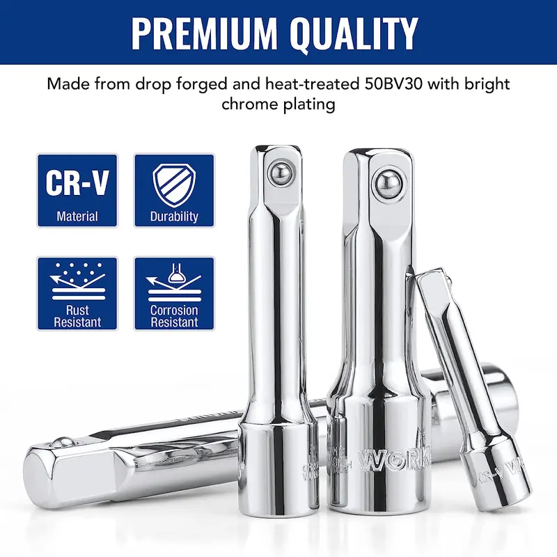 WORKPRO 19-teiliges Steckschlüssel-Verlängerungs-Set, inkl. Steckverbindern, Verlängerungsstangen, Universalgelenken und verschiebbarer T-Griff-Schraubenschlüssel-Stange, 1/4"-, 3/8"- und 1/2"-Antrieb, aus hochwertigem Chrom-Vanadium-Stahl