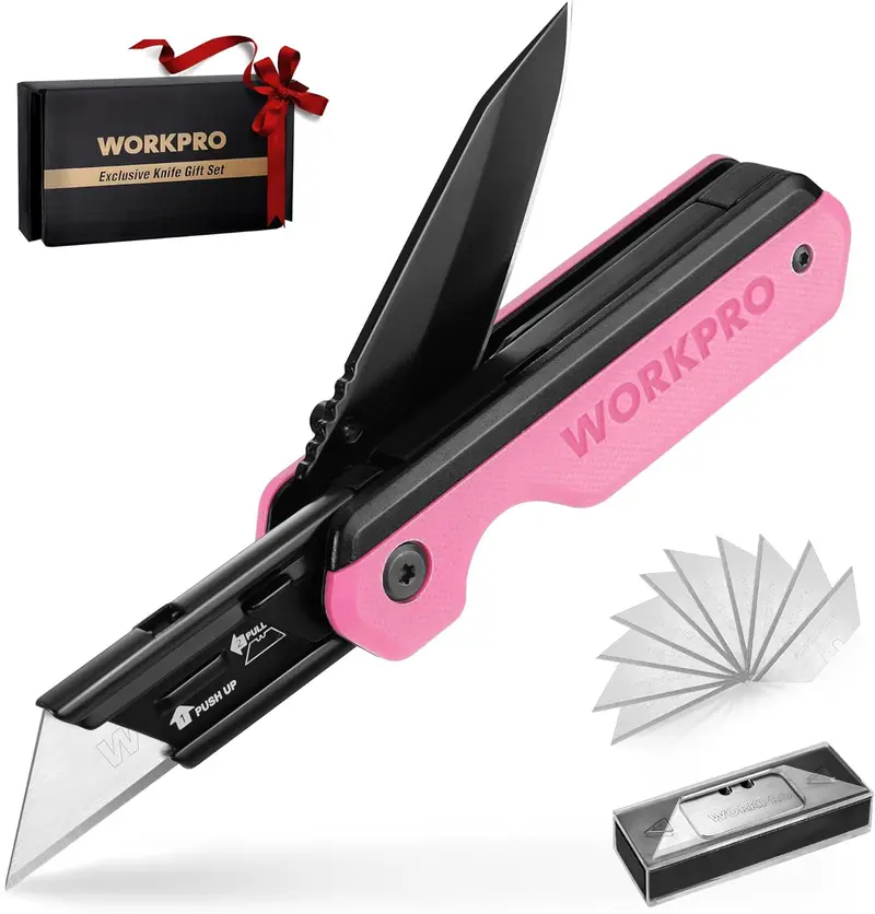WORKPRO 2-in-1-Faltmesser, schnellaustauschbarer Kartonschneider mit Gürtelclip, Liner-Lock-Vorrichtung und G10-Griff – inkl. 10 zusätzlicher SK5-Klingen