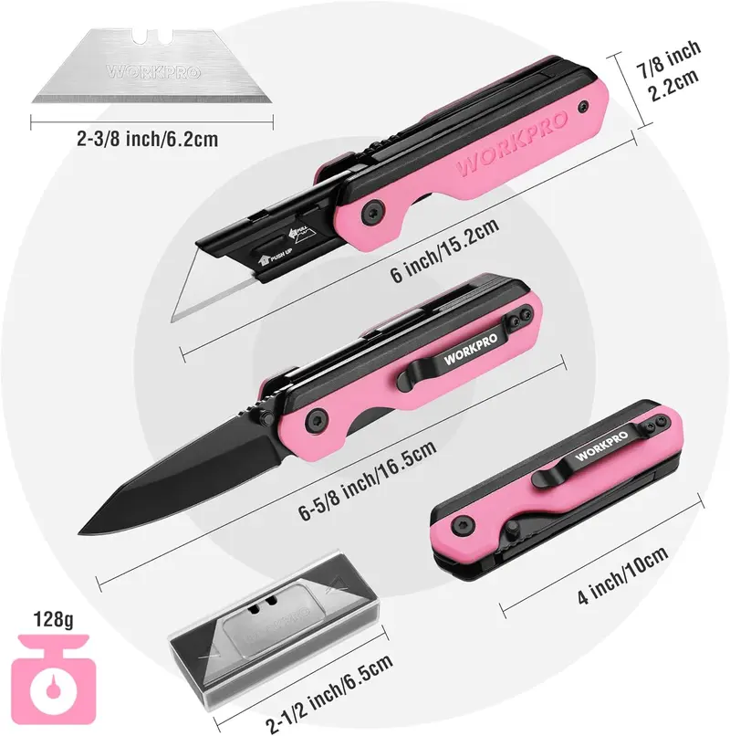 WORKPRO 2-in-1-Faltmesser, schnellaustauschbarer Kartonschneider mit Gürtelclip, Liner-Lock-Vorrichtung und G10-Griff – inkl. 10 zusätzlicher SK5-Klingen 2